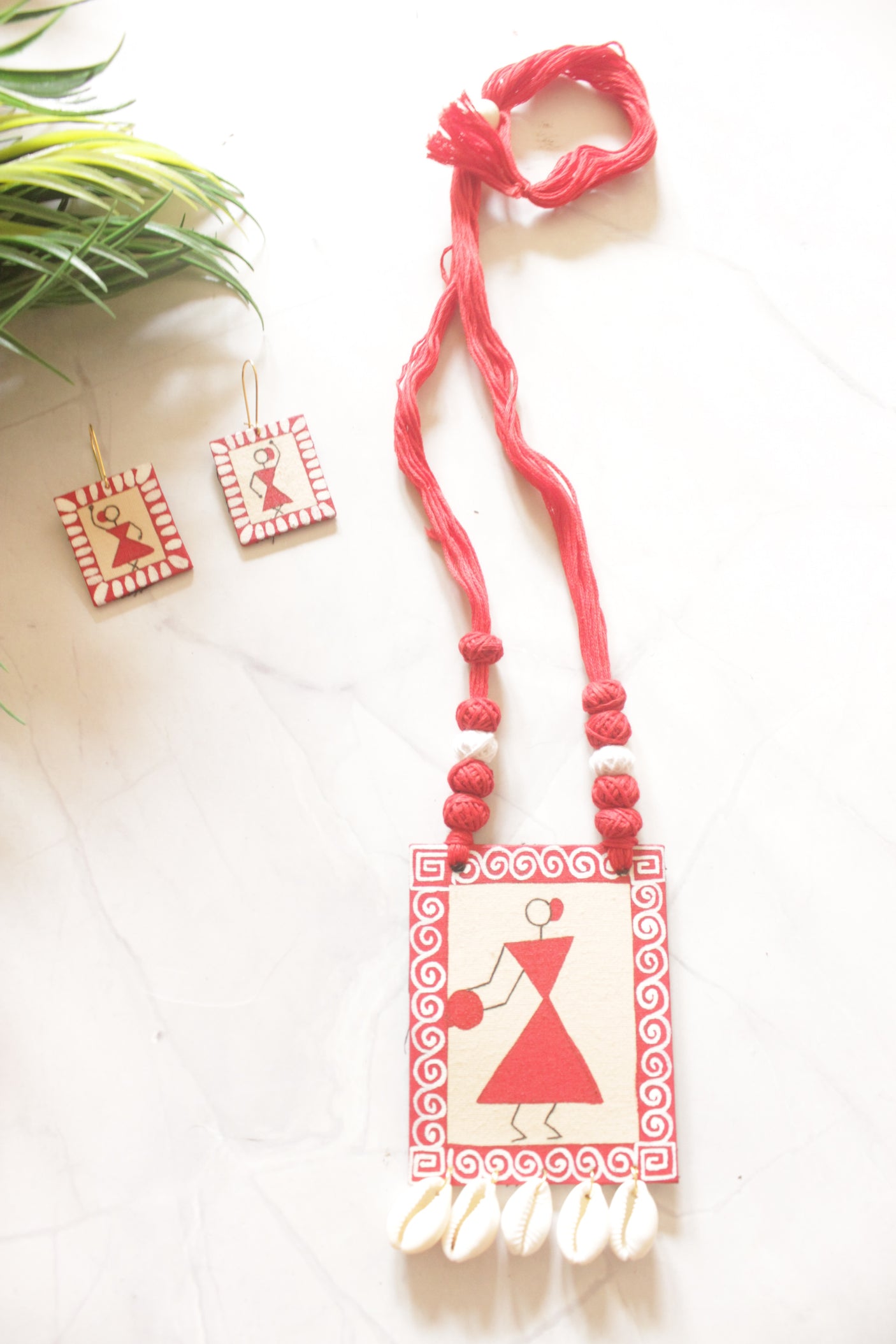 Red & Ivory Warli Nritya Hand Painted Cowrie Shells Necklace Set