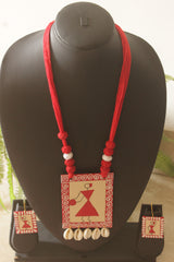 Red & Ivory Warli Nritya Hand Painted Cowrie Shells Necklace Set