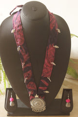 Indigo Blossom Batik Fabric Long Necklace Set with Metal Accents