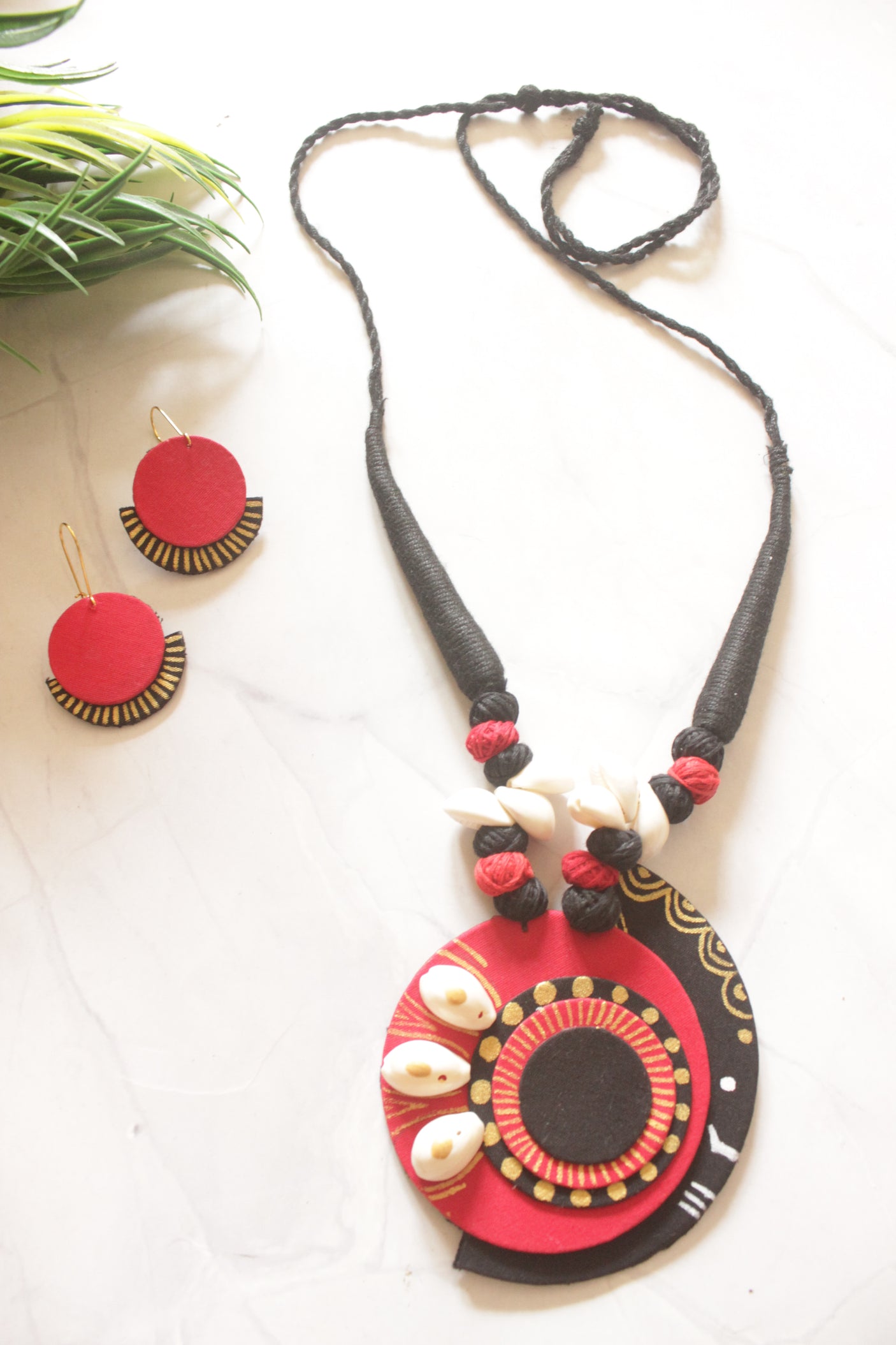 Black Sun Tribal Hand Painted Fabric Necklace Set