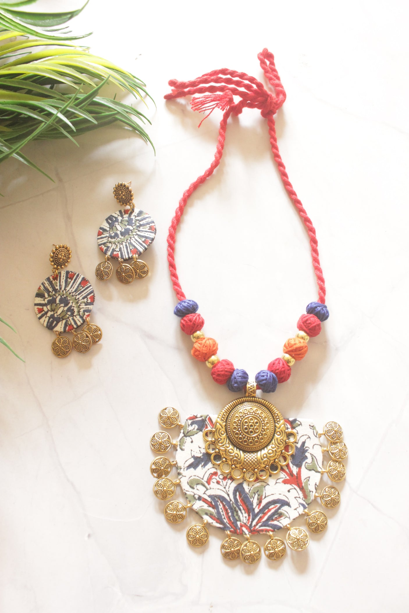 Mughal Garden Coin Charm Fabric Necklace Set