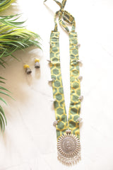 Green & Yellow Honeycomb Batik Fabric Long Necklace Set with Metal Accents