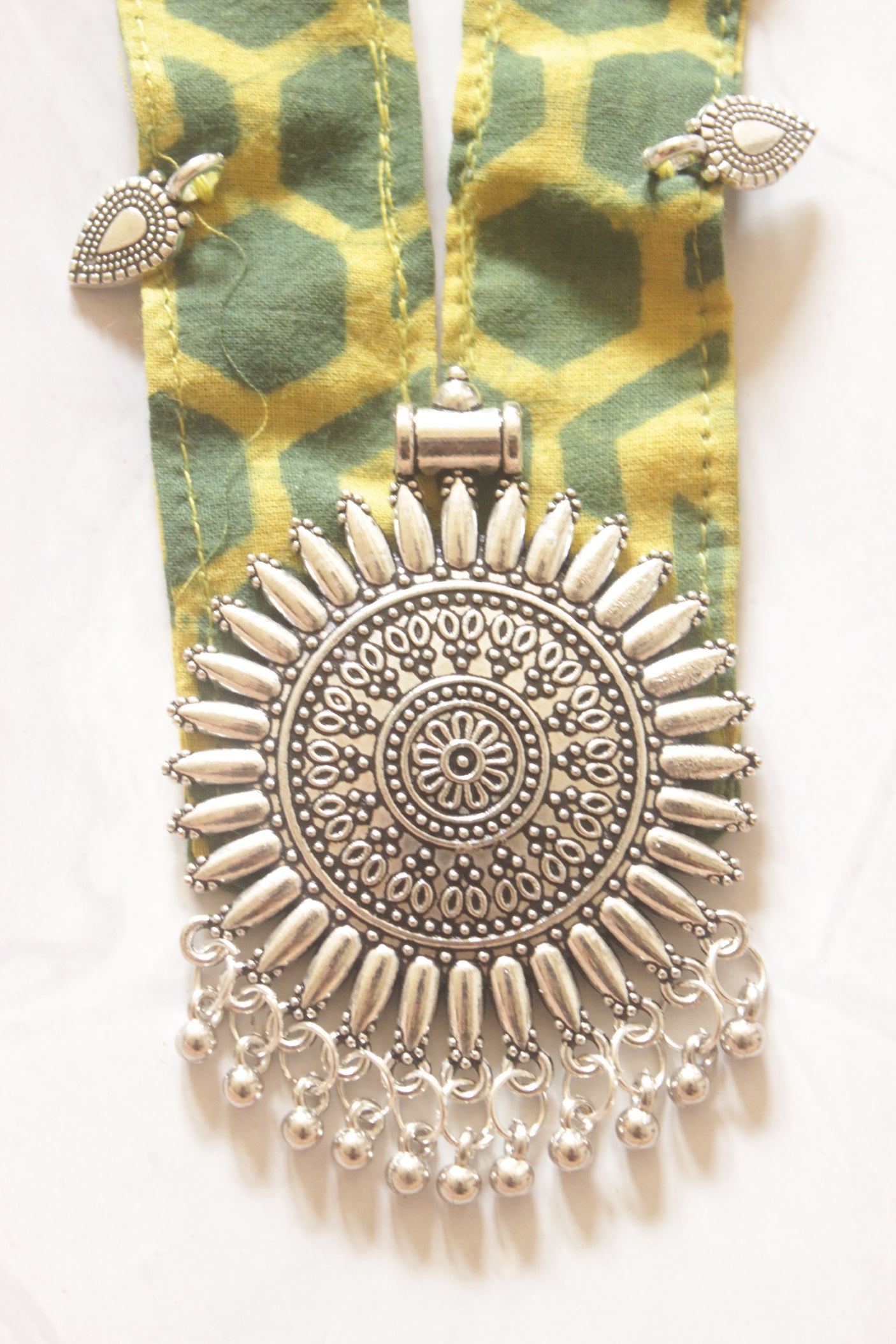 Green & Yellow Honeycomb Batik Fabric Long Necklace Set with Metal Accents