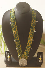 Green & Yellow Honeycomb Batik Fabric Long Necklace Set with Metal Accents