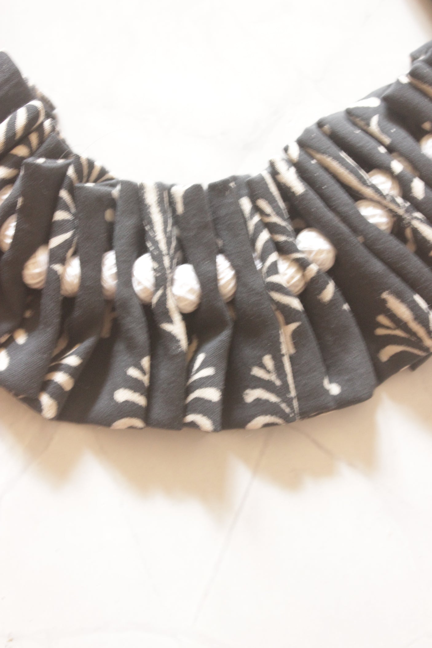 Black Bagru Block Printed Fabric Pleated Necklace Set