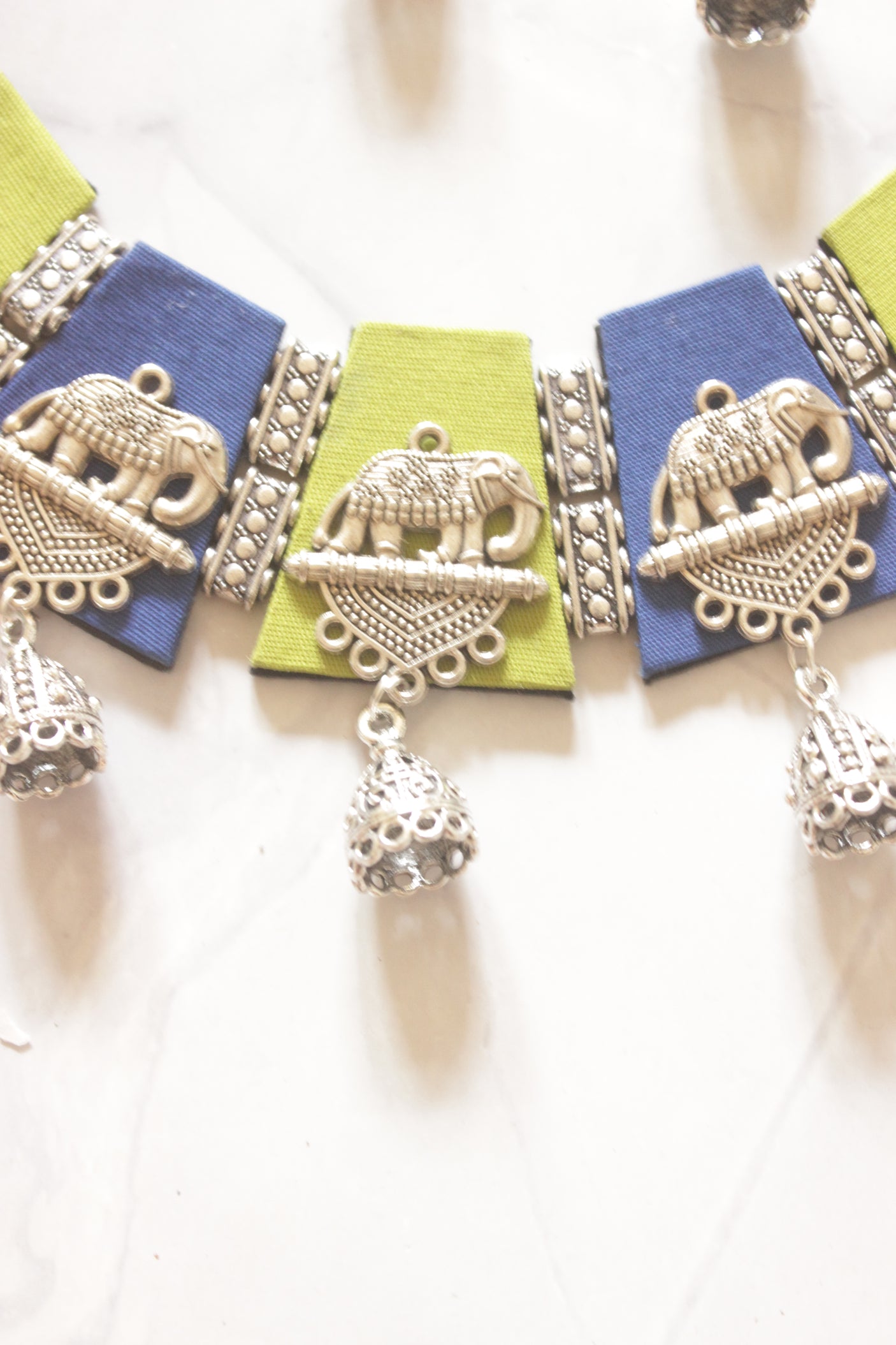 Blue and Green Fabric Tiles Choker Necklace Set with Elephant Charms