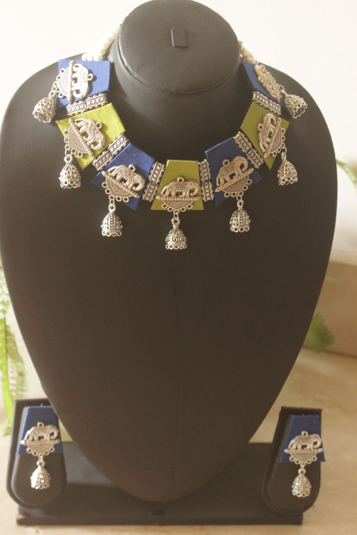 Blue and Green Fabric Tiles Choker Necklace Set with Elephant Charms