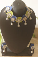Blue and Green Fabric Tiles Choker Necklace Set with Elephant Charms