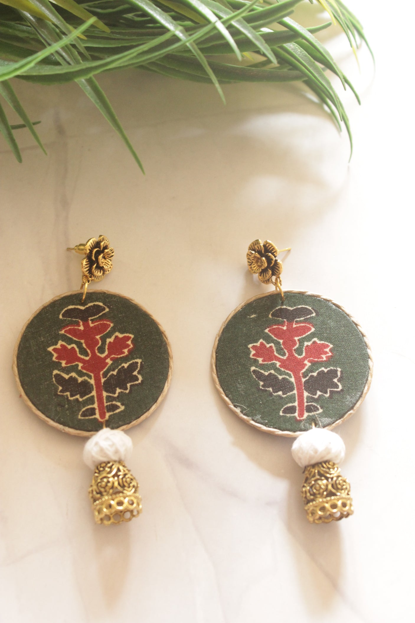 Dark Green Batik Round & Gold Metal Accents Fabric Jhumka Earrings