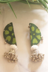 Green Batik Half Moon with Silver Accents Fabric Jhumka Earrings