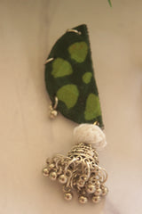 Green Batik Half Moon with Silver Accents Fabric Jhumka Earrings