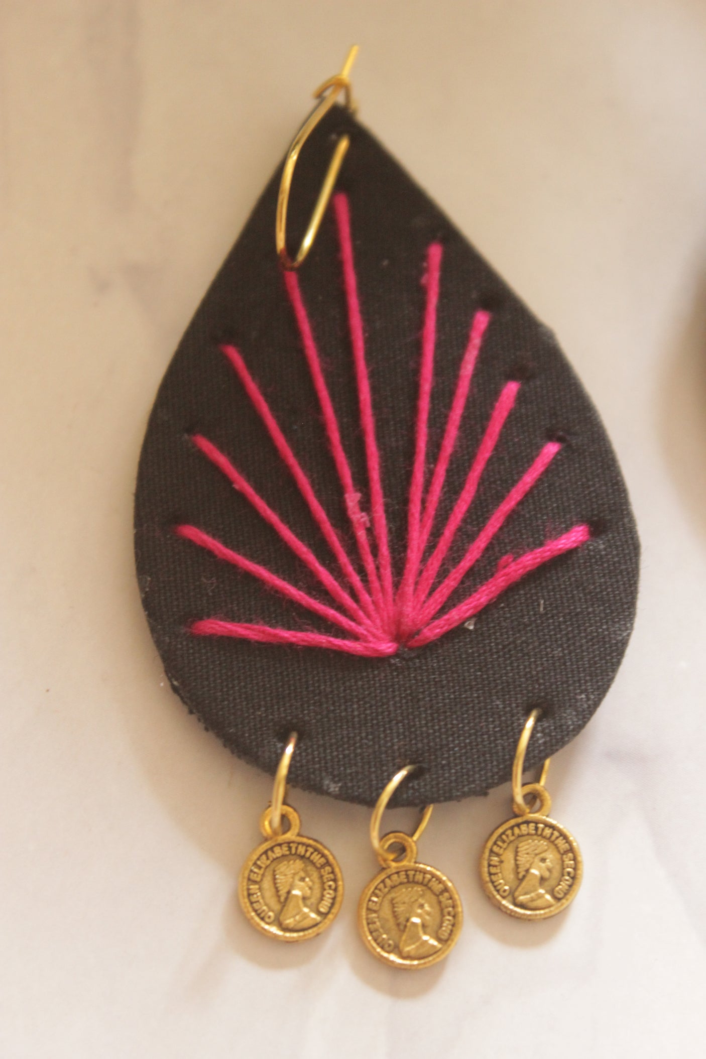 Black Fabric Teardrop with Pink Sunburst Embroidery & Gold Coins Earrings