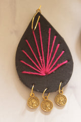 Black Fabric Teardrop with Pink Sunburst Embroidery & Gold Coins Earrings