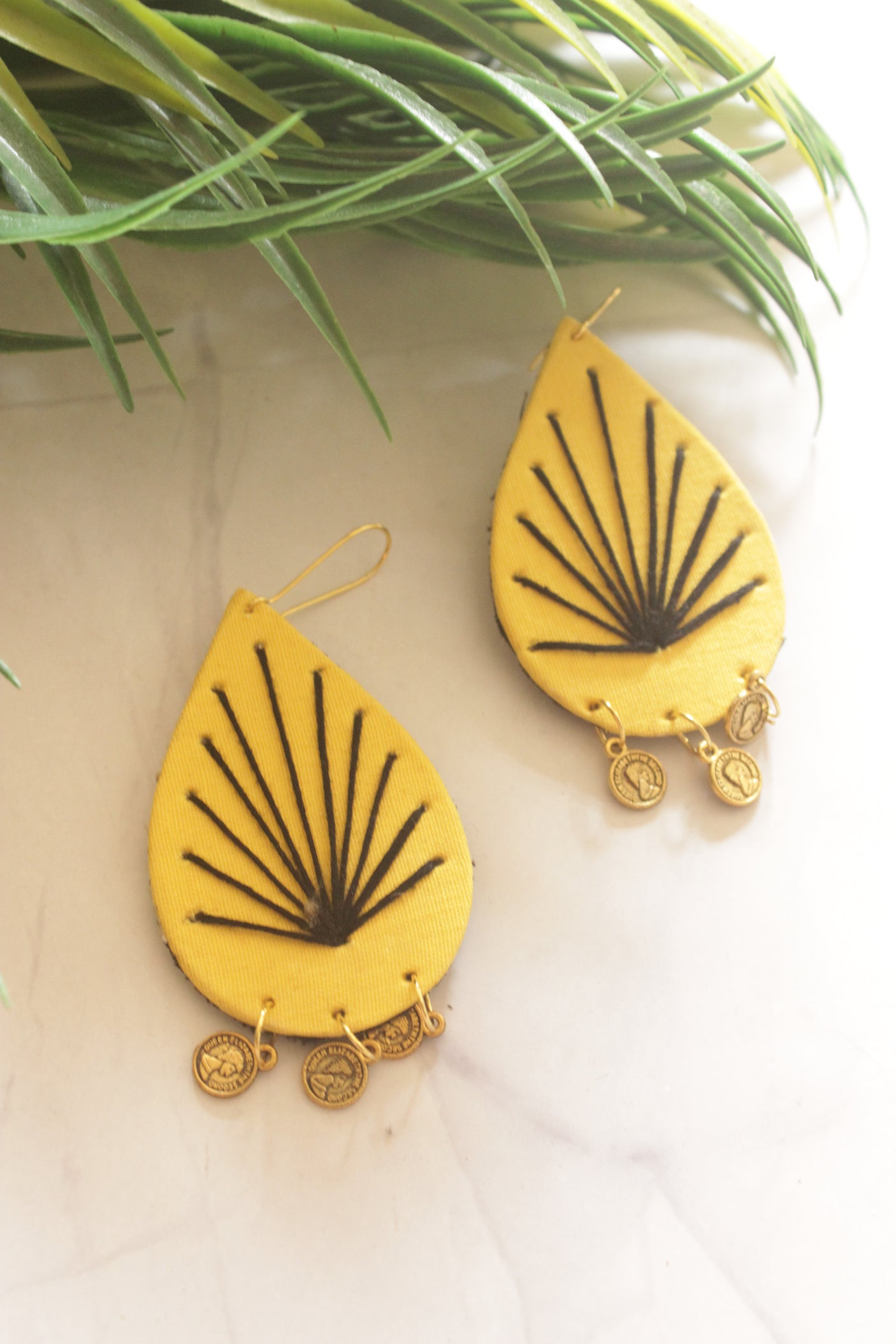 Yellow Fabric Teardrop with Black Sunburst Embroidery & Gold Coins Earrings