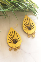 Yellow Fabric Teardrop with Black Sunburst Embroidery & Gold Coins Earrings