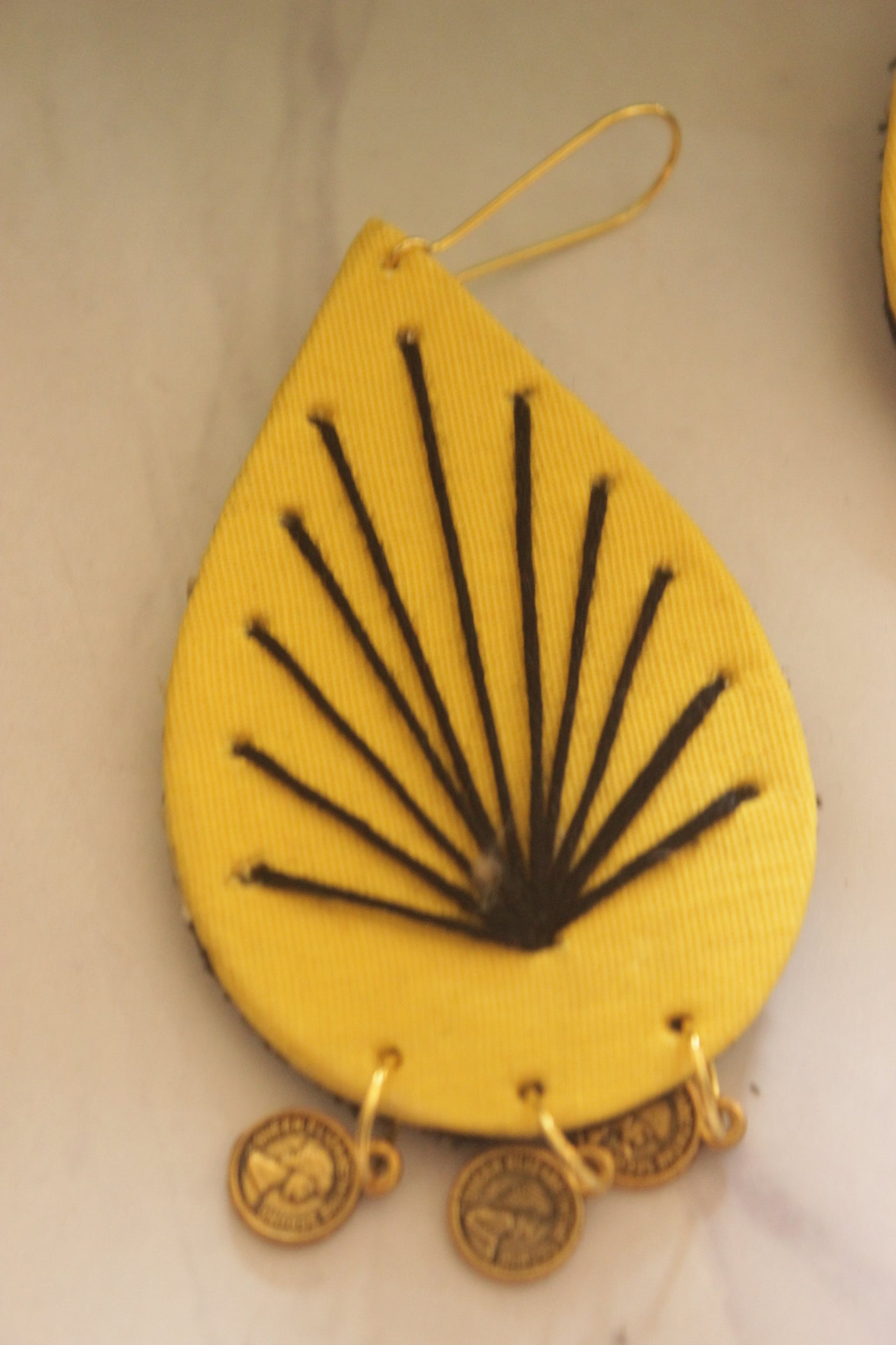 Yellow Fabric Teardrop with Black Sunburst Embroidery & Gold Coins Earrings