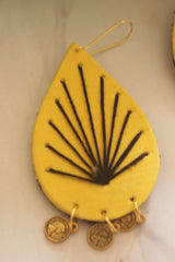 Yellow Fabric Teardrop with Black Sunburst Embroidery & Gold Coins Earrings