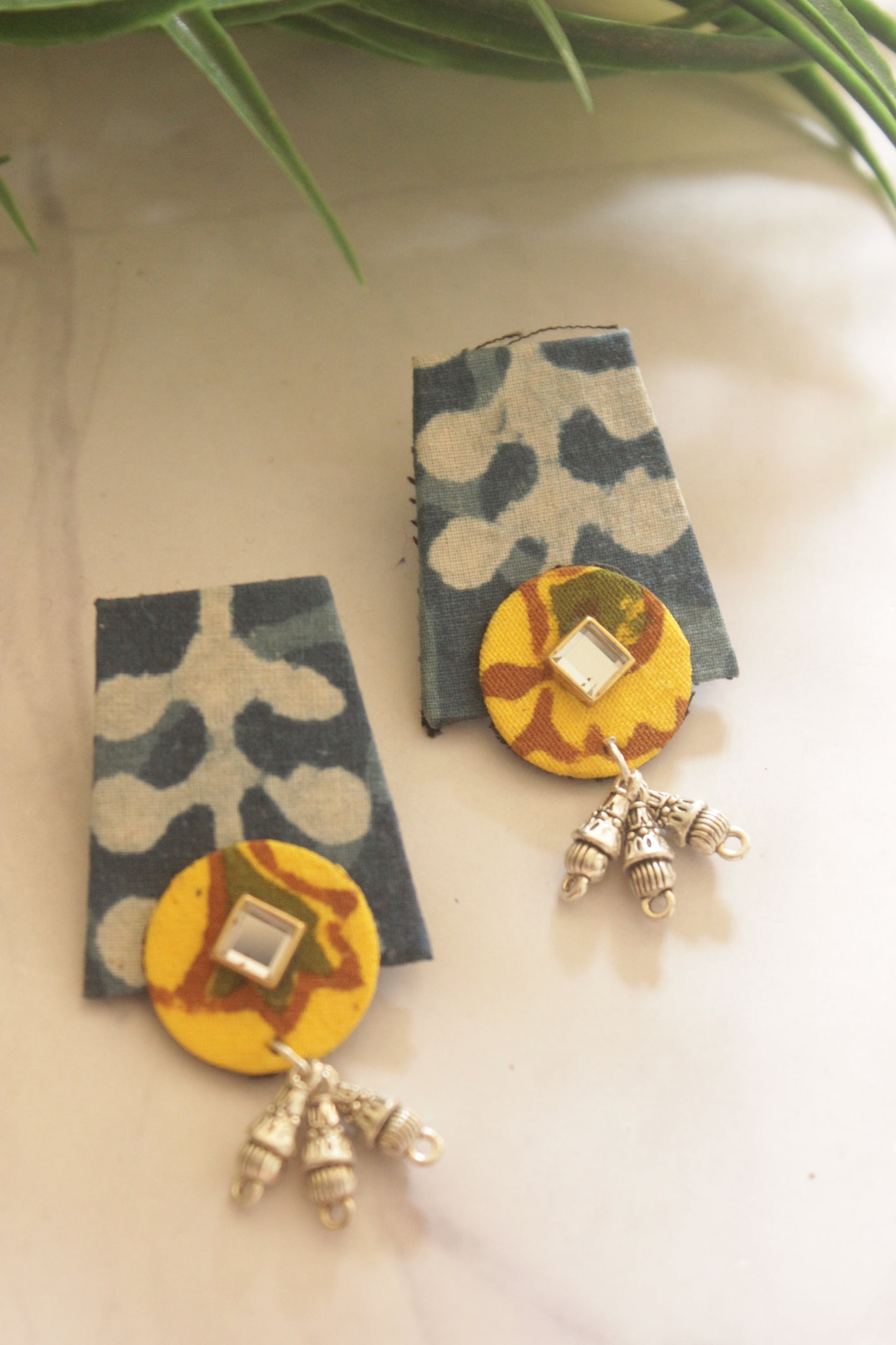 Indigo & Yellow Batik Sheesha Fabric Earrings