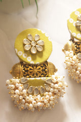 Kundan Flower Olive Green Fabric Jhumka Earrings with Ring