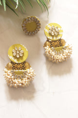 Kundan Flower Olive Green Fabric Jhumka Earrings with Ring