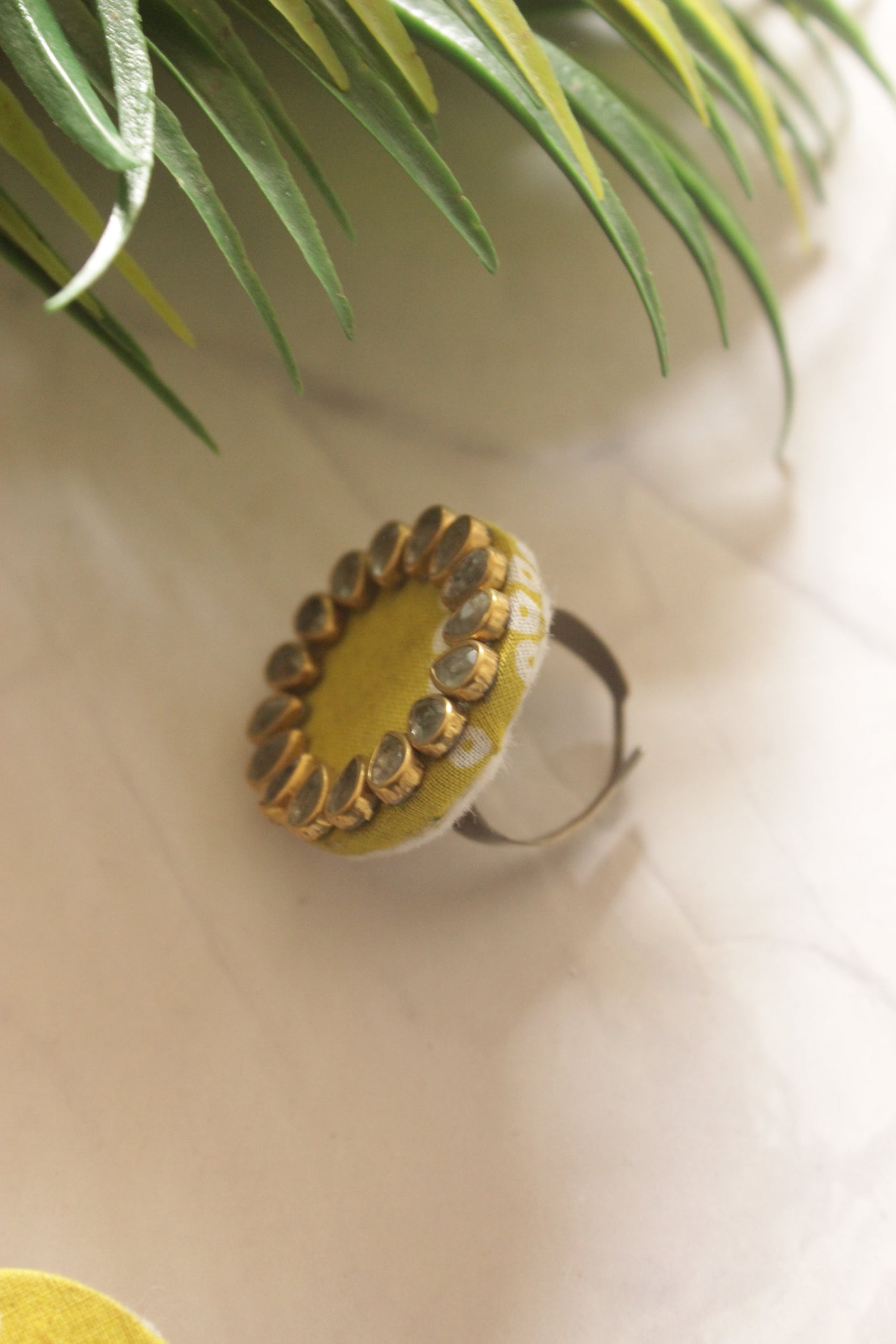 Kundan Flower Olive Green Fabric Jhumka Earrings with Ring