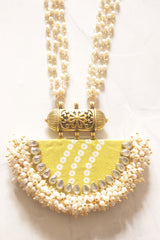 Olive Green Bandhani Fabric Pendant Pearl Strand Necklace