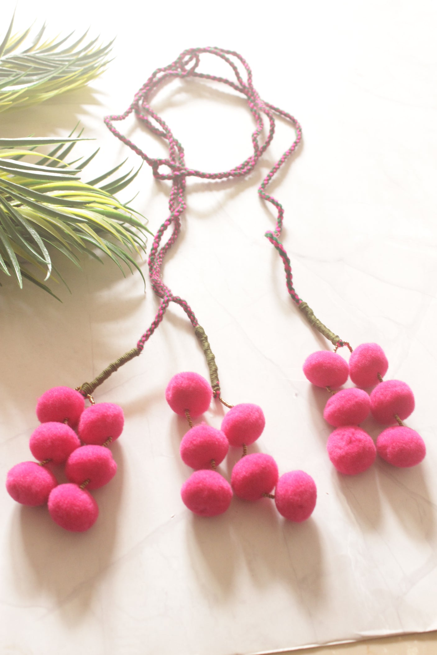 Hand-Crafted Hot Pink Pom Pom Parandi with Two-Tone Braided Rope