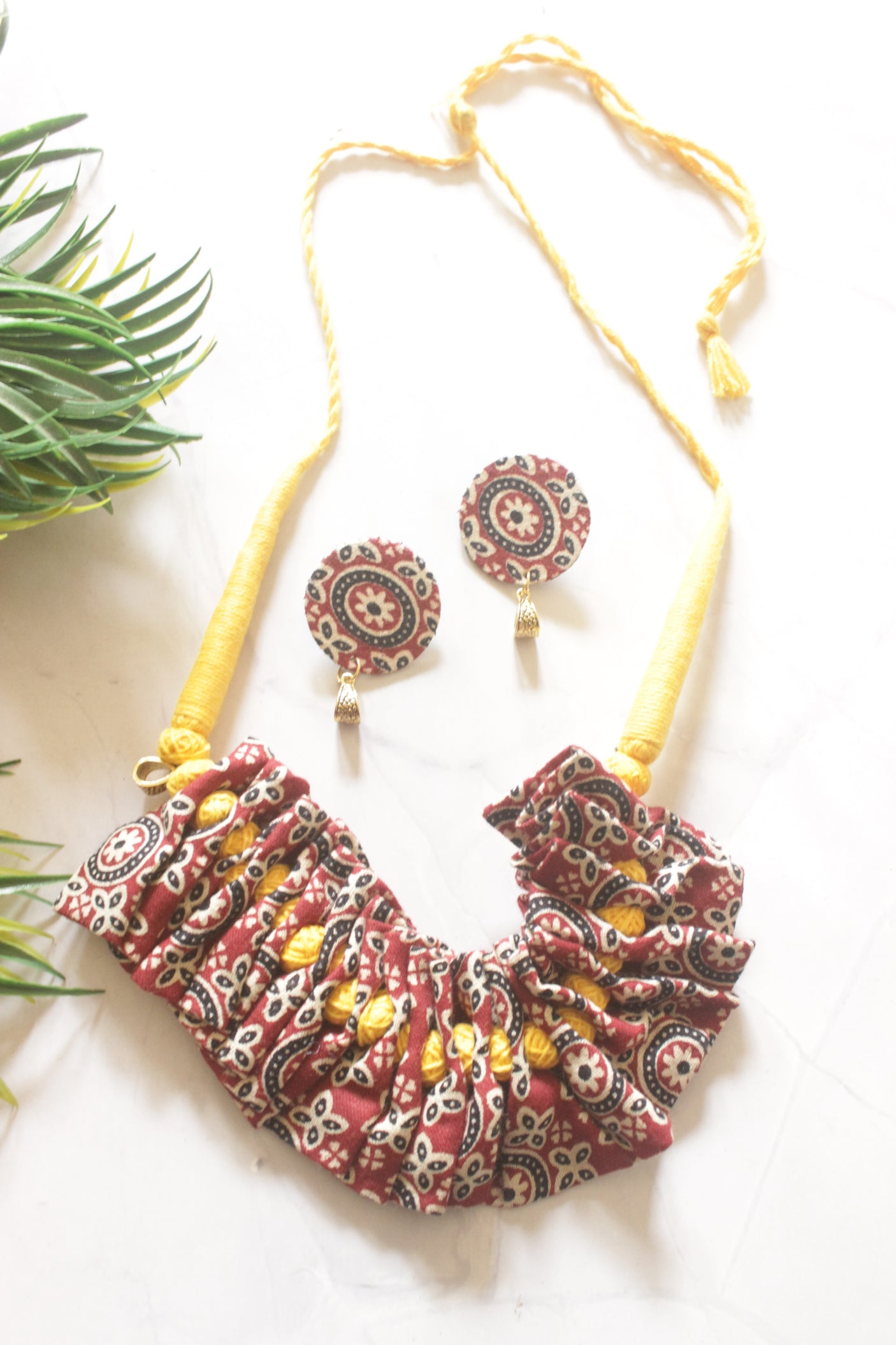 Ajrakh Cotton Fabric and Beads Handmade Necklace Set
