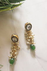 Gold Toned Green Natural Stone Earrings Accentuated with White Beads