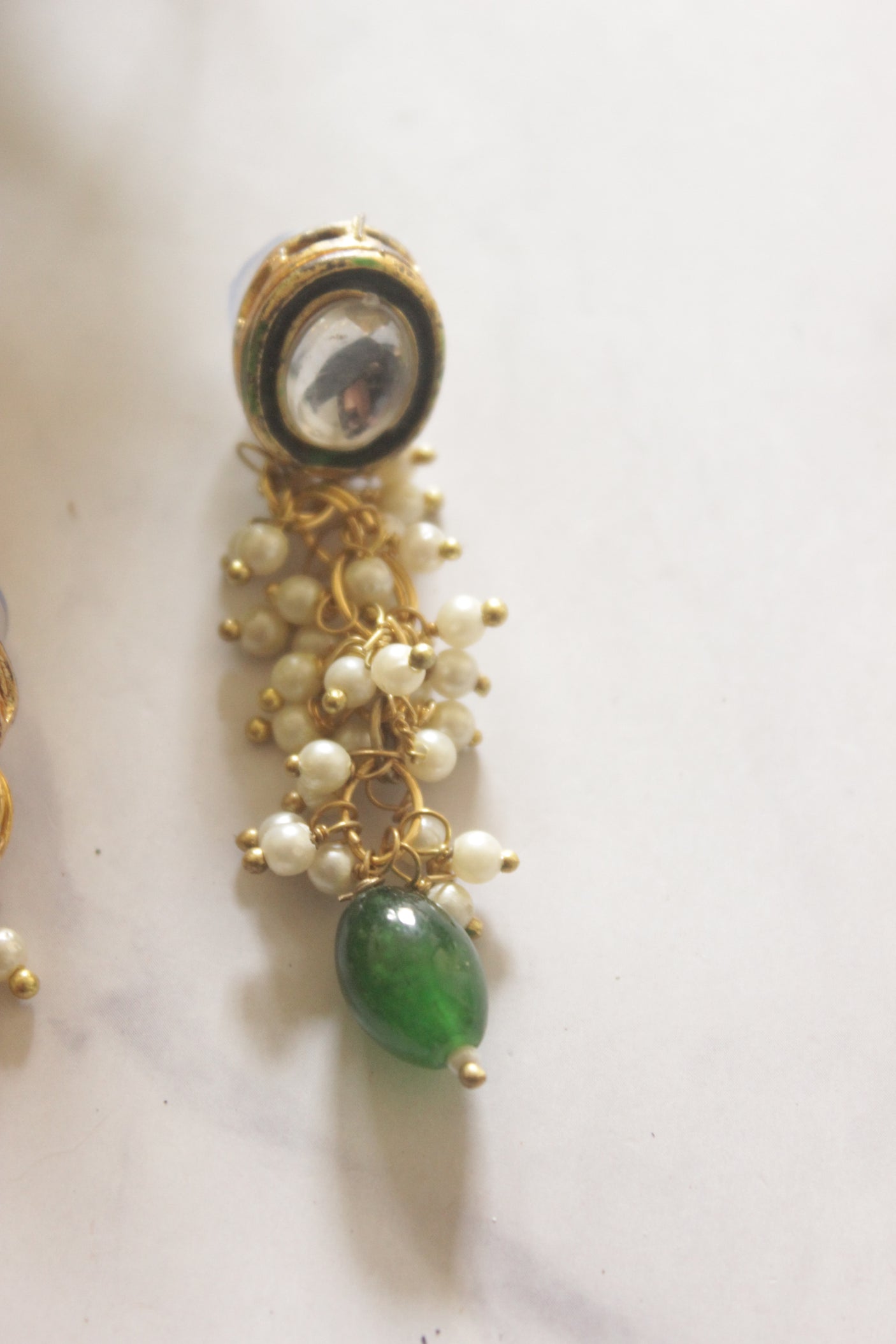 Gold Toned Green Natural Stone Earrings Accentuated with White Beads