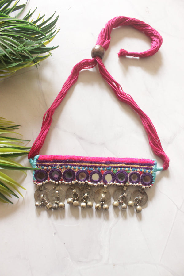 Pink and Blue Hand Stitched Fabric Choker Necklace