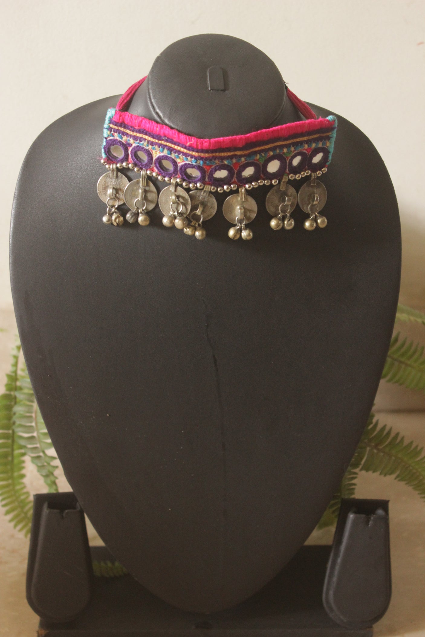 Pink and Blue Hand Stitched Fabric Choker Necklace