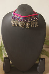 Pink and Blue Hand Stitched Fabric Choker Necklace