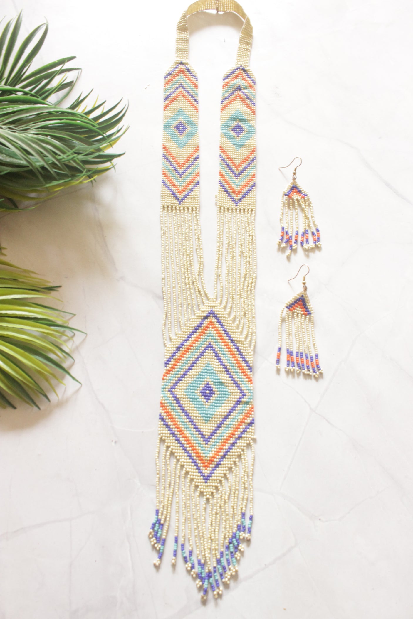 Ivory and Multi-Color Hand Beaded Long Necklace Set