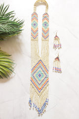 Ivory and Multi-Color Hand Beaded Long Necklace Set