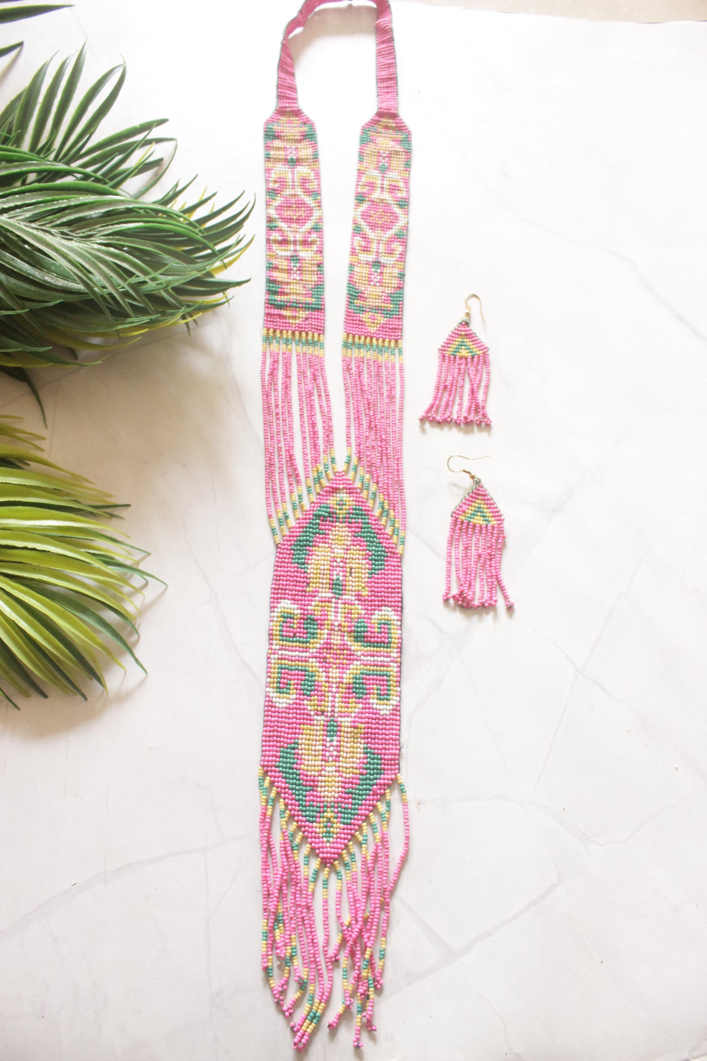Pink and Multi-Color Hand Beaded Long Necklace Set