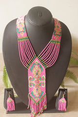 Pink and Multi-Color Hand Beaded Long Necklace Set