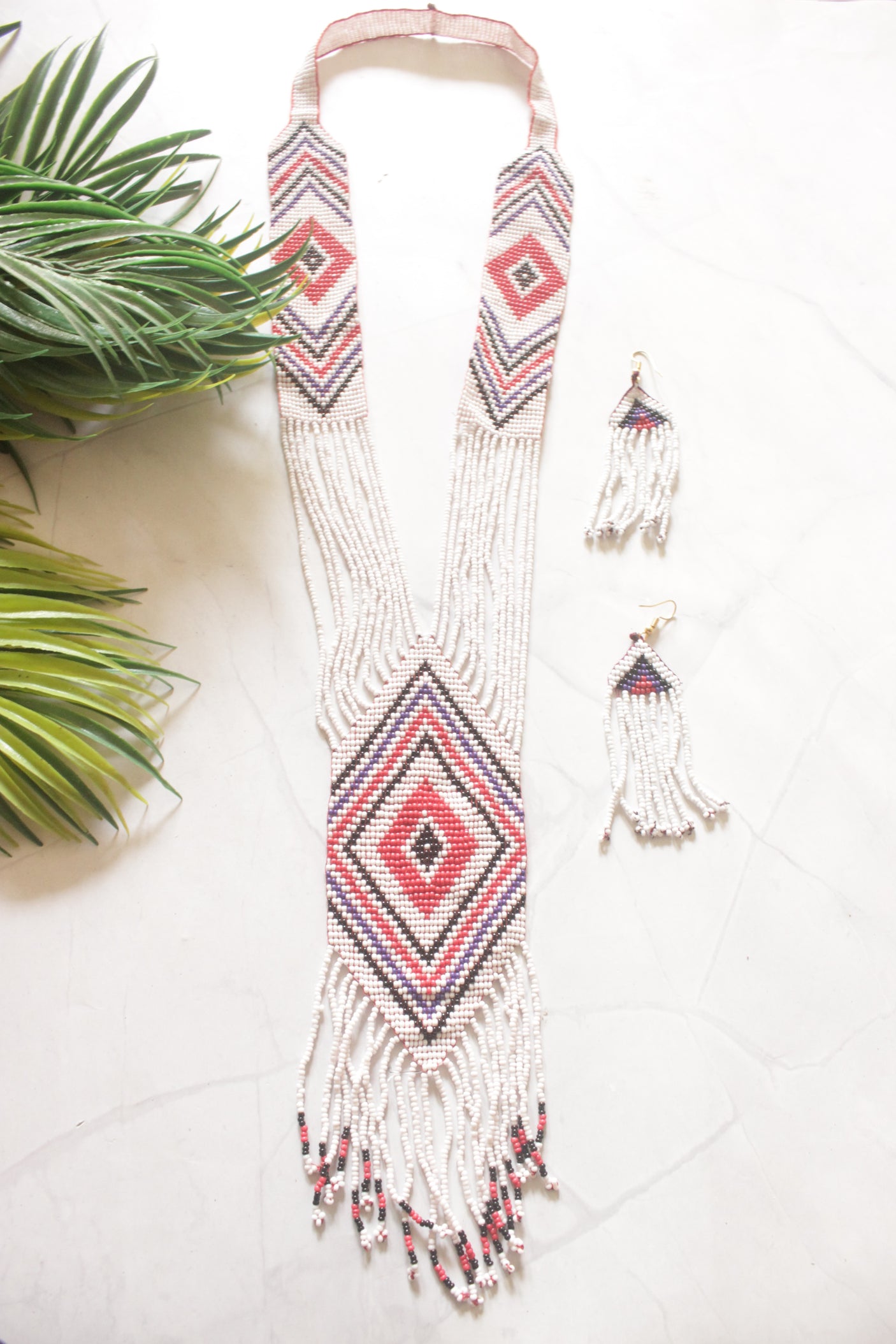 Off-White and Multi-Color Hand Beaded Long Necklace Set