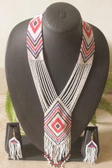 Off-White and Multi-Color Hand Beaded Long Necklace Set