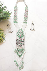 White and Green Hand Beaded Long Necklace Set