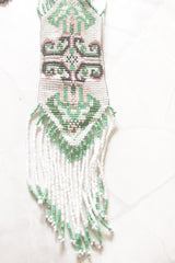White and Green Hand Beaded Long Necklace Set
