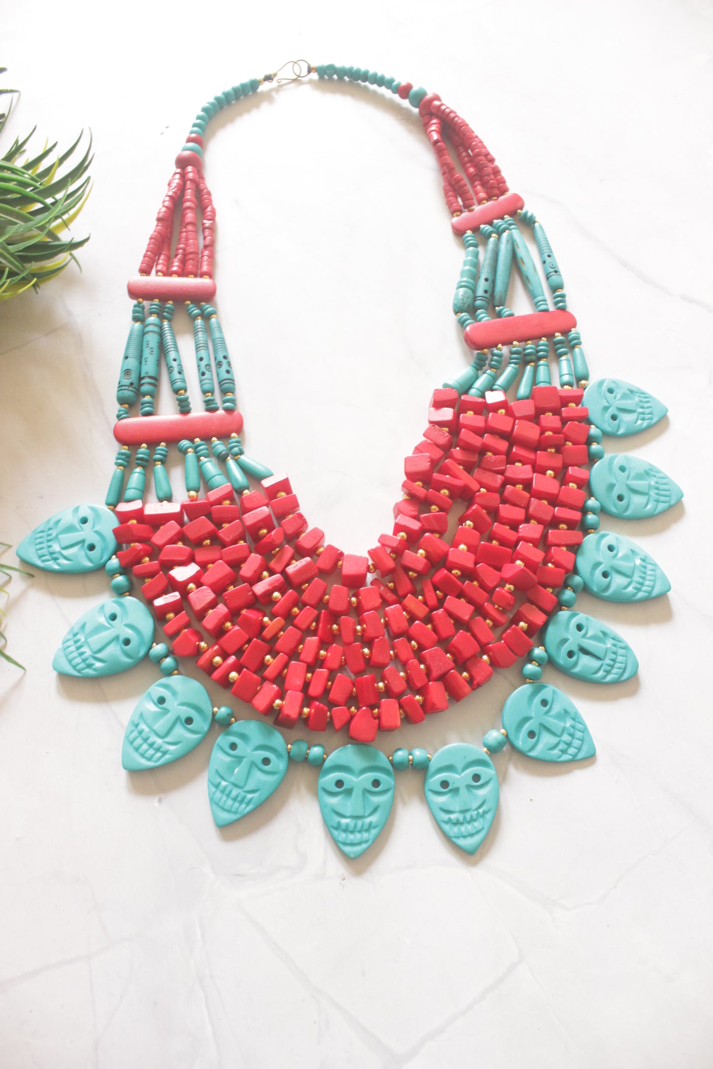 Red and Turquoise Bone Beads Statement Necklace