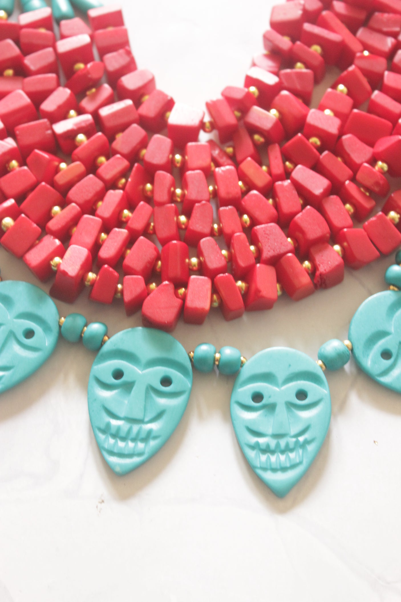 Red and Turquoise Bone Beads Statement Necklace