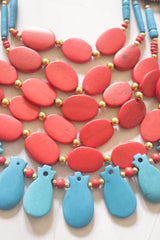 Red and Blue Bone Beads Statement Necklace with Tibetan Details