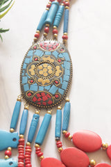 Red and Blue Bone Beads Statement Necklace with Tibetan Details