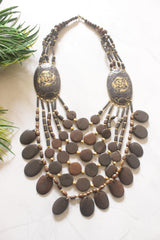Brown and Gold Bone Beads Statement Necklace with Tibetan Details
