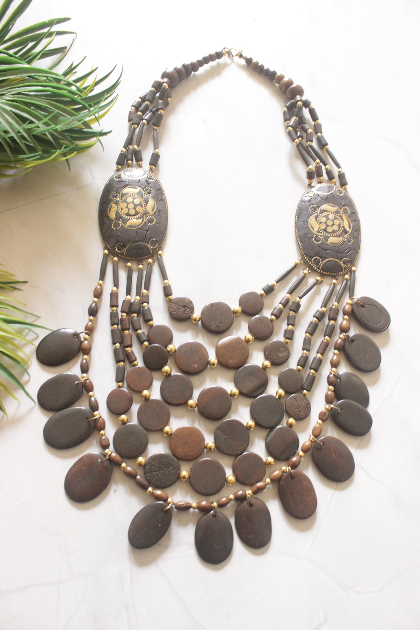 Brown and Gold Bone Beads Statement Necklace with Tibetan Details