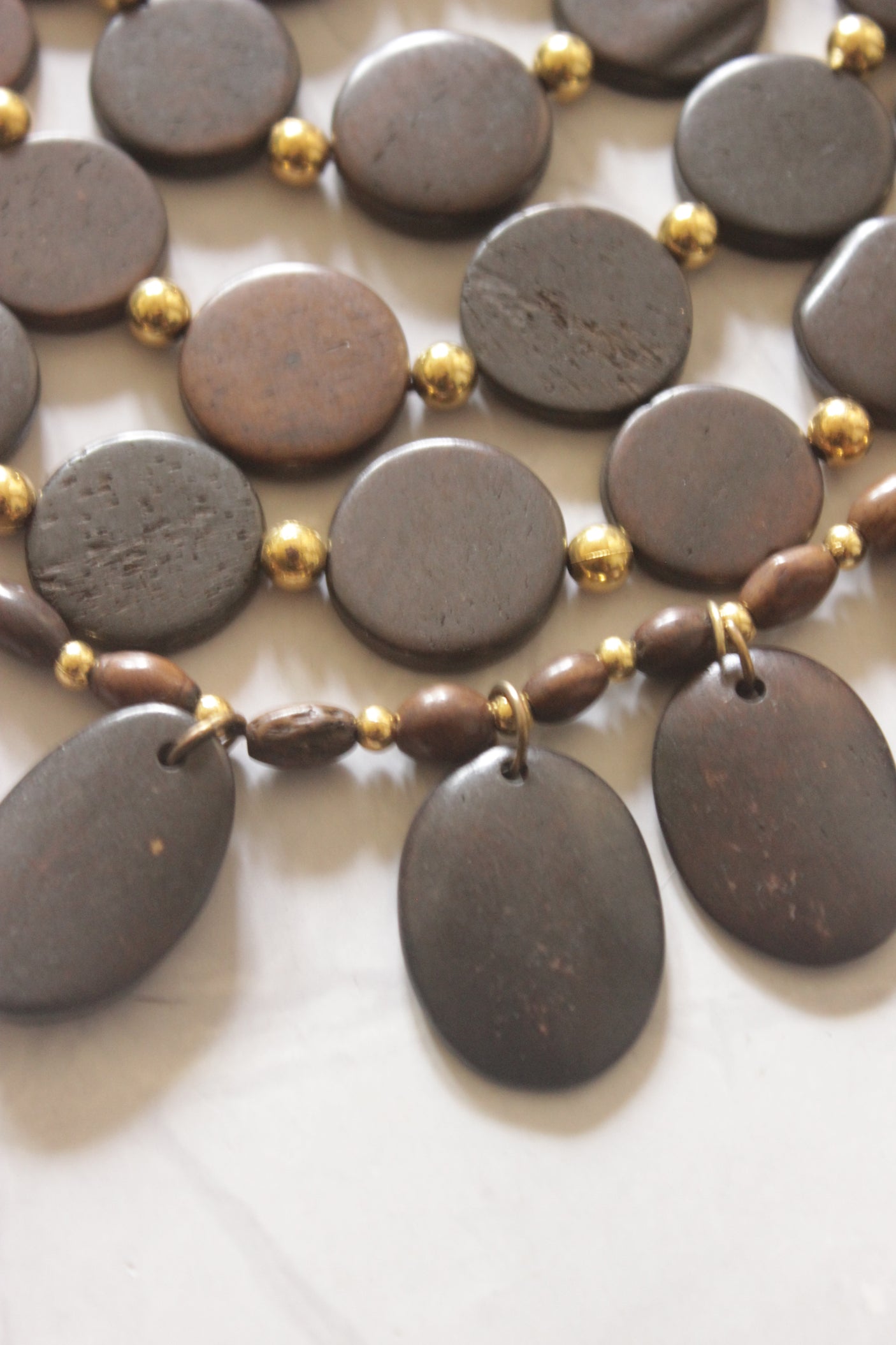 Brown and Gold Bone Beads Statement Necklace with Tibetan Details