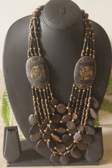 Brown and Gold Bone Beads Statement Necklace with Tibetan Details