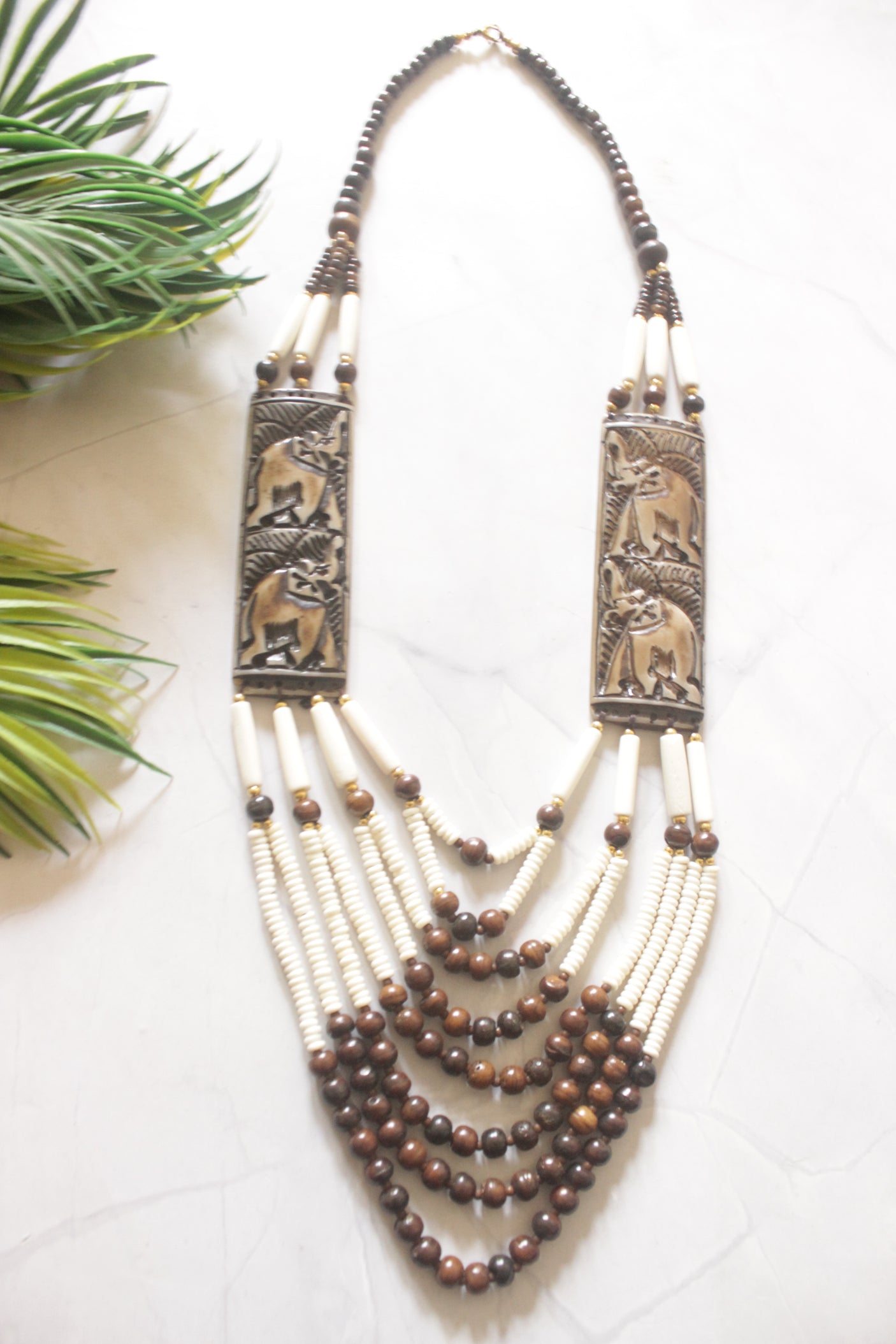 White and Brown Bone Beads Statement Necklace with Elephant Motifs